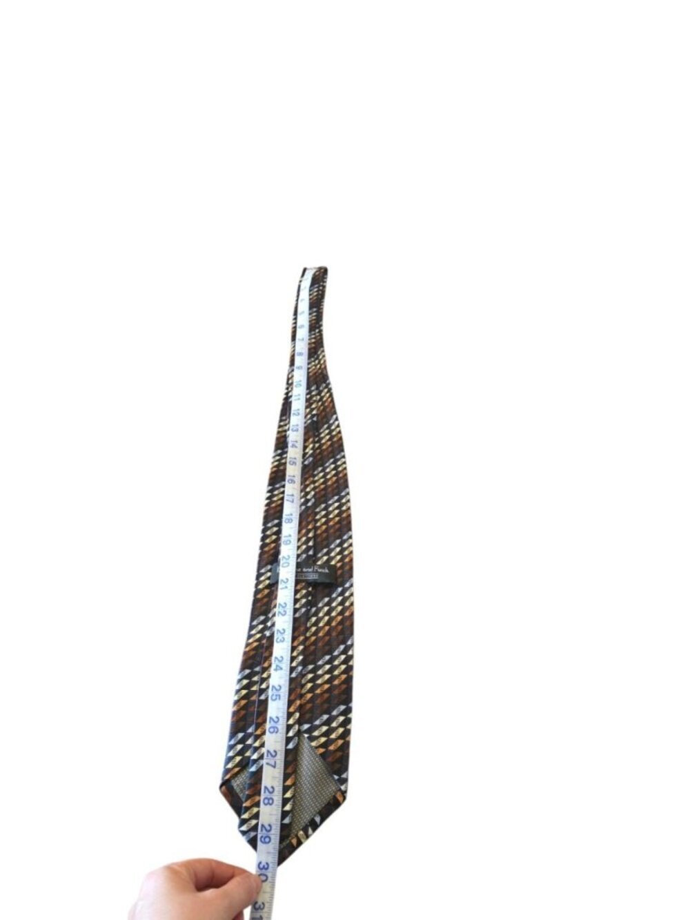 Kilburne & Finch Geometric Silk Tie Brown Blue Gold Retro Necktie 100% Silk - Picture 10 of 11